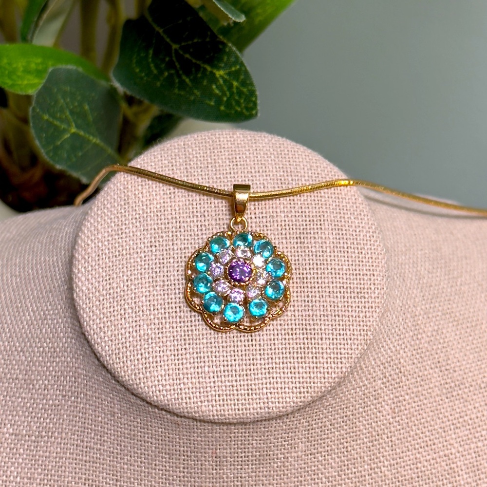 Chico’s Gold Necklace with Turquoise and Pink Pendant